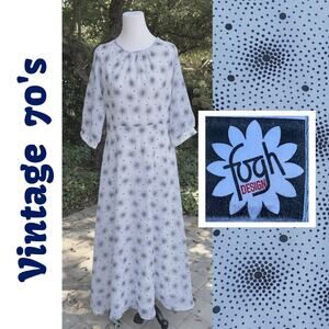 Vintage 70s fogh Denmark Maxi Dress Chiffon Geo Dot Print Hippie Boho Festival